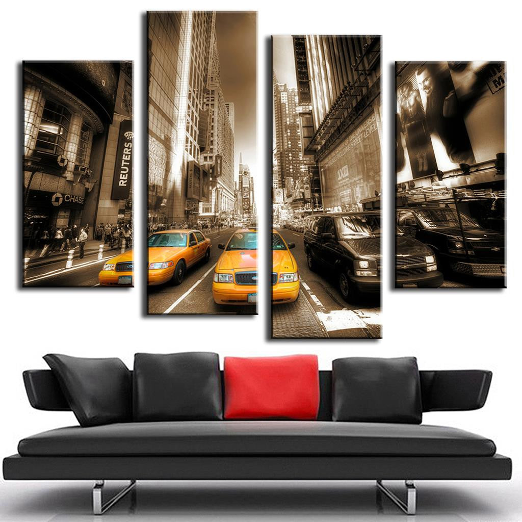 New York Streets - Yellow Taxis: Sepia-toned cityscape canvas art featuring iconic yellow NYC taxis against towering skyscrapers on busy Manhattan streets, split into 4 panels with dramatic urban perspective