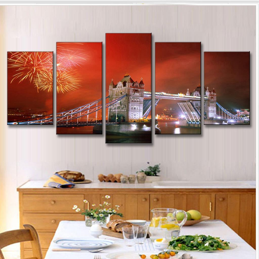London Tower Bridge with Fireworks - 5 panel canvas wall art showcasing iconic London Tower Bridge illuminated at night against red sky with golden fireworks bursting overhead, reflecting in Thames River waters