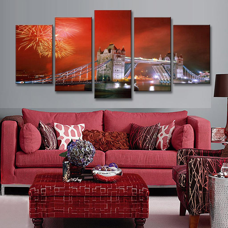 London Tower Bridge with Fireworks canvas wall art showing illuminated historic bridge against dramatic red sky, with golden fireworks bursting overhead, perfect for modern home decor as 5-panel set