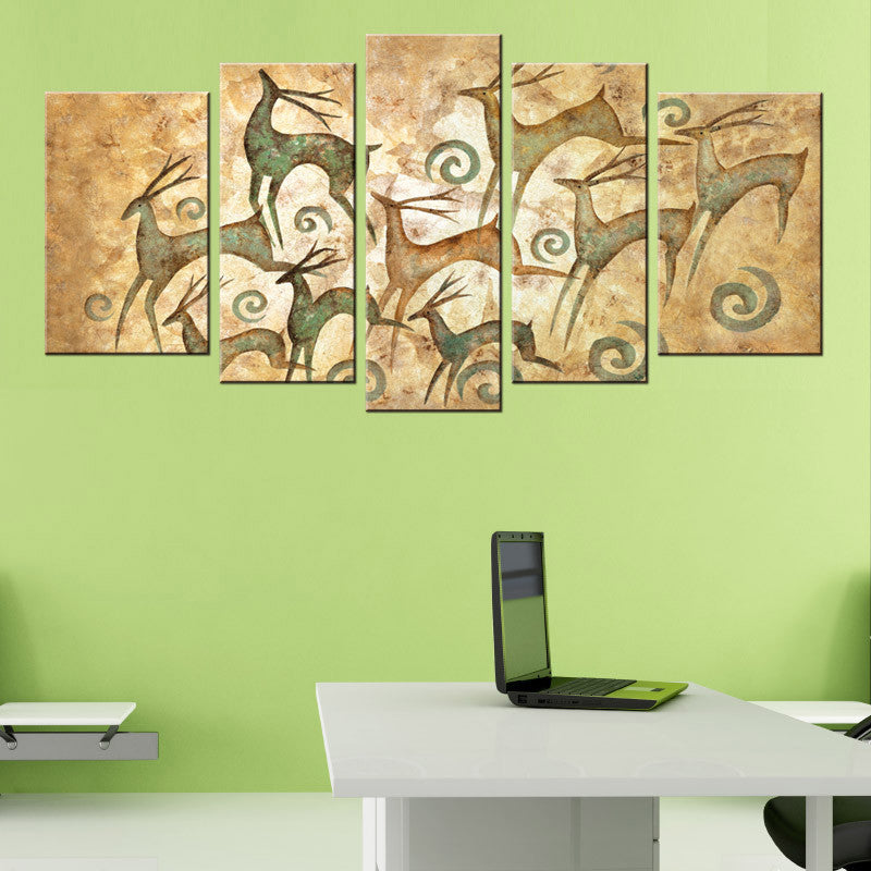 Abstract Elk Print: 5-panel canvas wall art featuring stylized elk silhouettes in green and tan with decorative swirls on a textured beige background, perfect for modern home decor