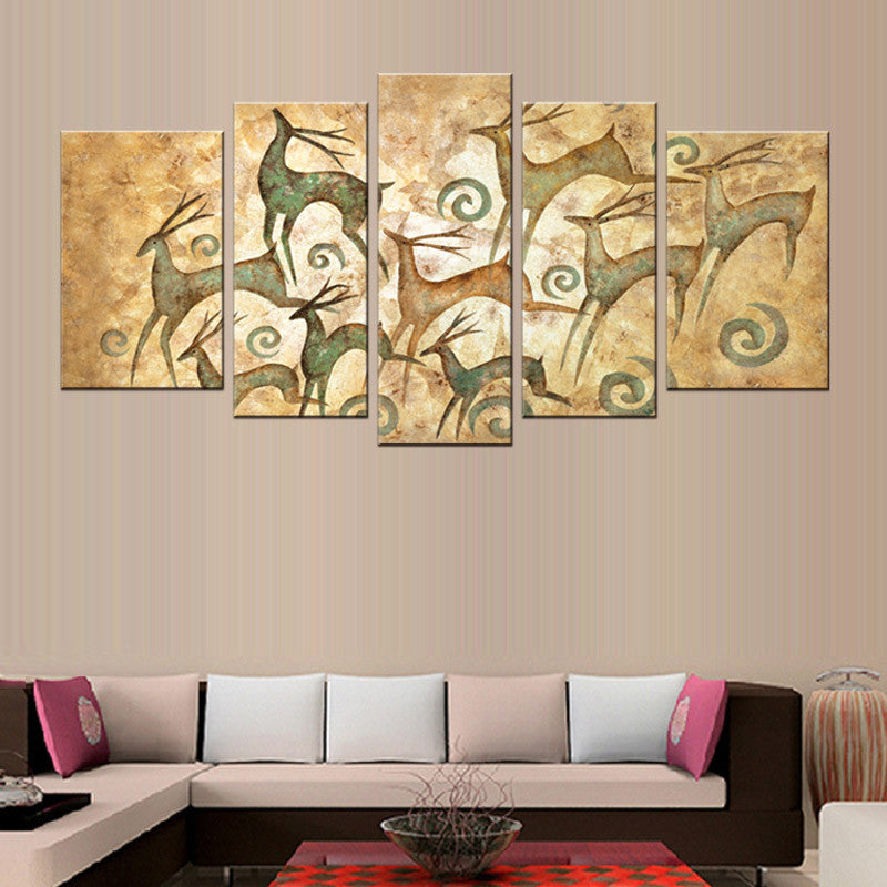 Abstract Elk Print - 5-panel canvas wall art featuring stylized green deer silhouettes with swirling patterns on a textured golden background, perfect for modern home decor and living room spaces