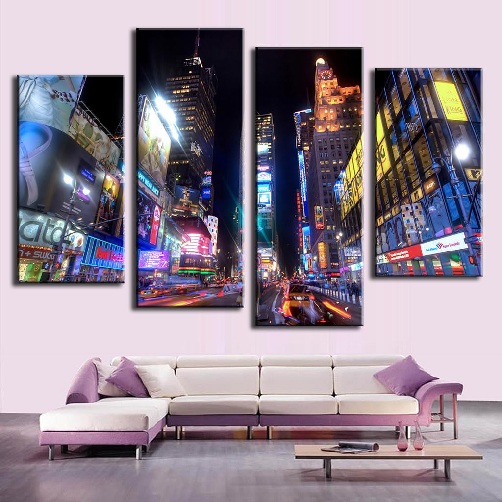 Times Square - Lights at Night: Vibrant 4-panel canvas art showcasing iconic NYC intersection at night with illuminated skyscrapers, colorful billboards, neon signs, and bustling city lights creating a dynamic urban cityscape