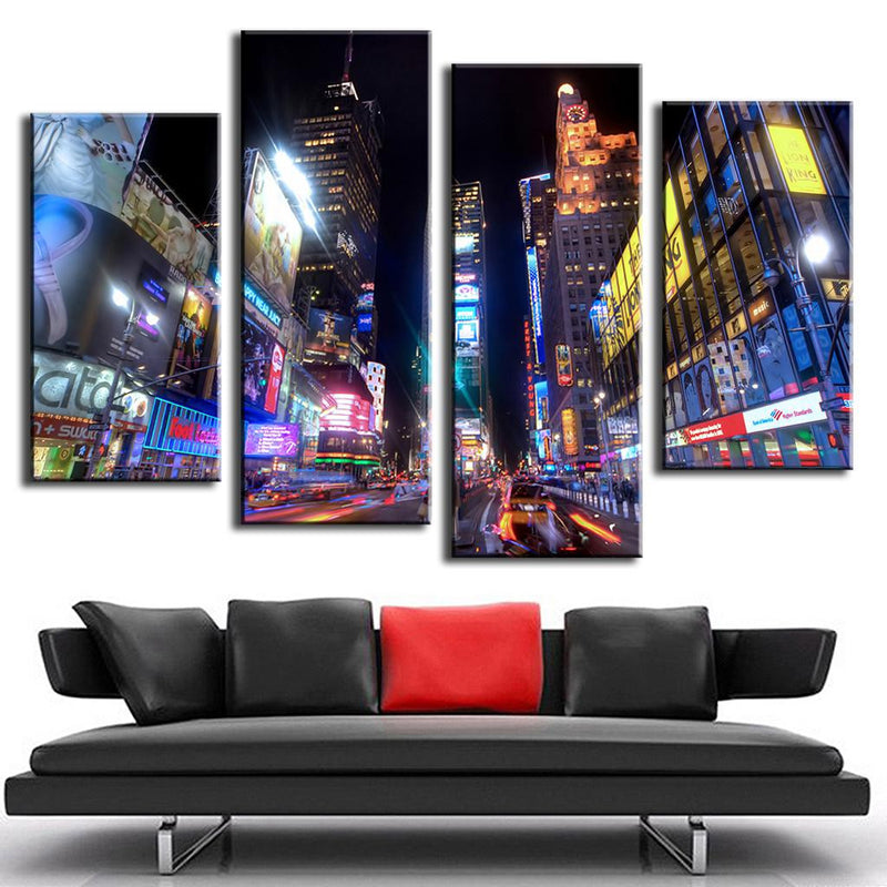 Times Square - Lights at Night: Vibrant nighttime cityscape showing illuminated billboards, neon signs and towering buildings in New York's Times Square, captured in a dynamic 4-panel canvas wall art display