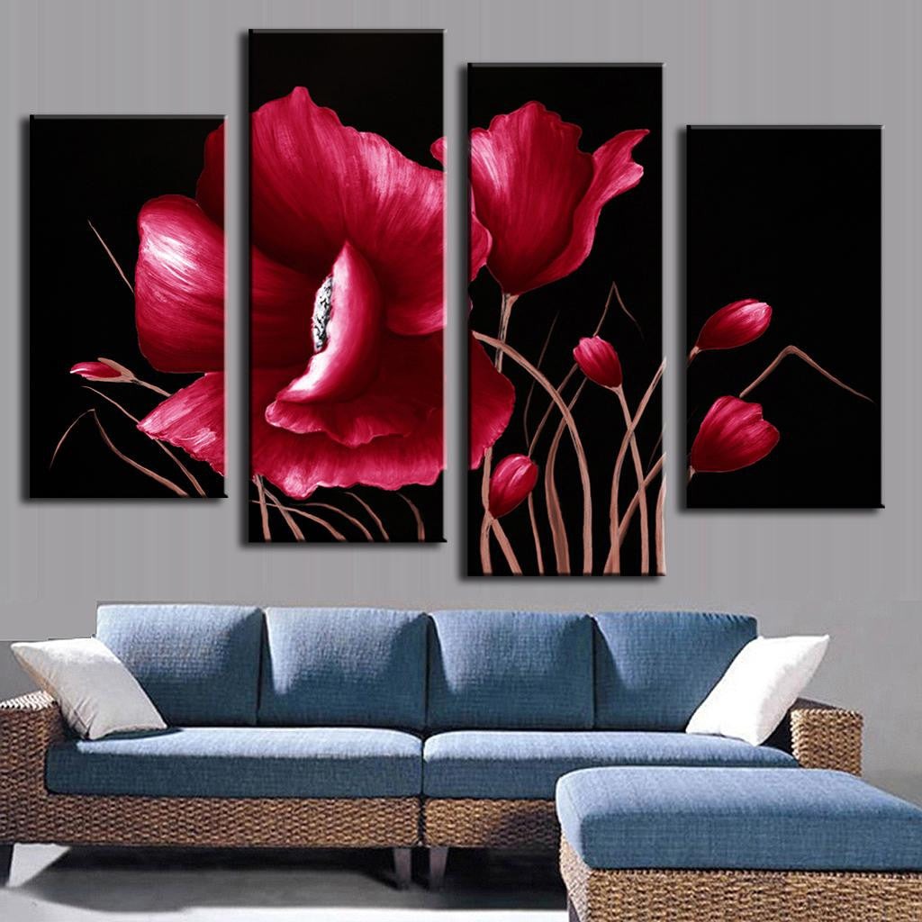 Abstract Red Flower on Black - 4 panel canvas wall art featuring vibrant red poppies dramatically blooming against deep black background, modern floral home decor print set