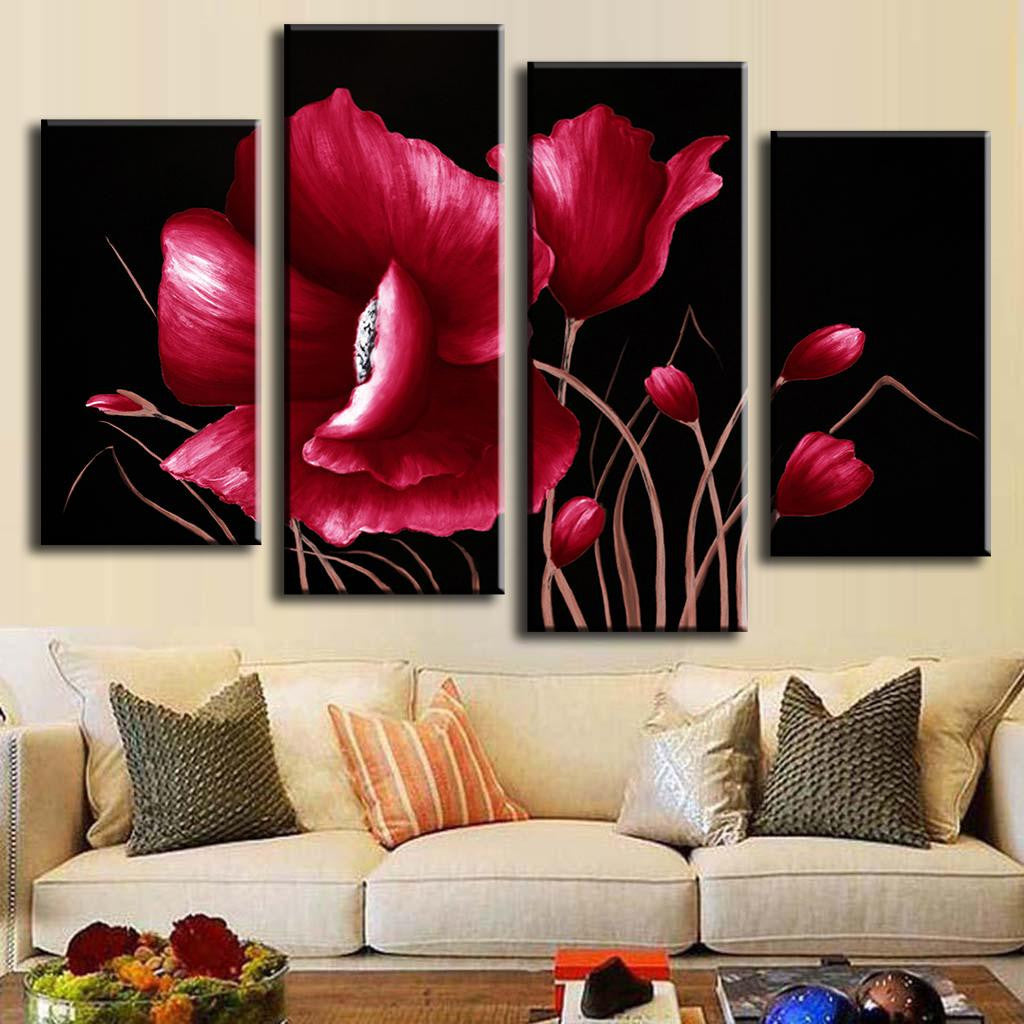 Abstract Red Flower on Black - 4-piece canvas wall art featuring vibrant crimson poppies dramatically blooming against deep black background, modern floral home decor panel set 48x36 inches