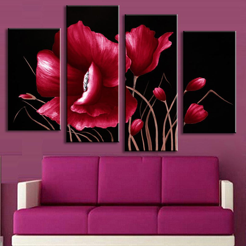 Abstract Red Flower on Black - 4-panel canvas wall art featuring vibrant red poppies with delicate petals against a dramatic black background, creating striking contrast with elegant stems and buds. Modern floral decor artwork measuring 48x36 inches total.