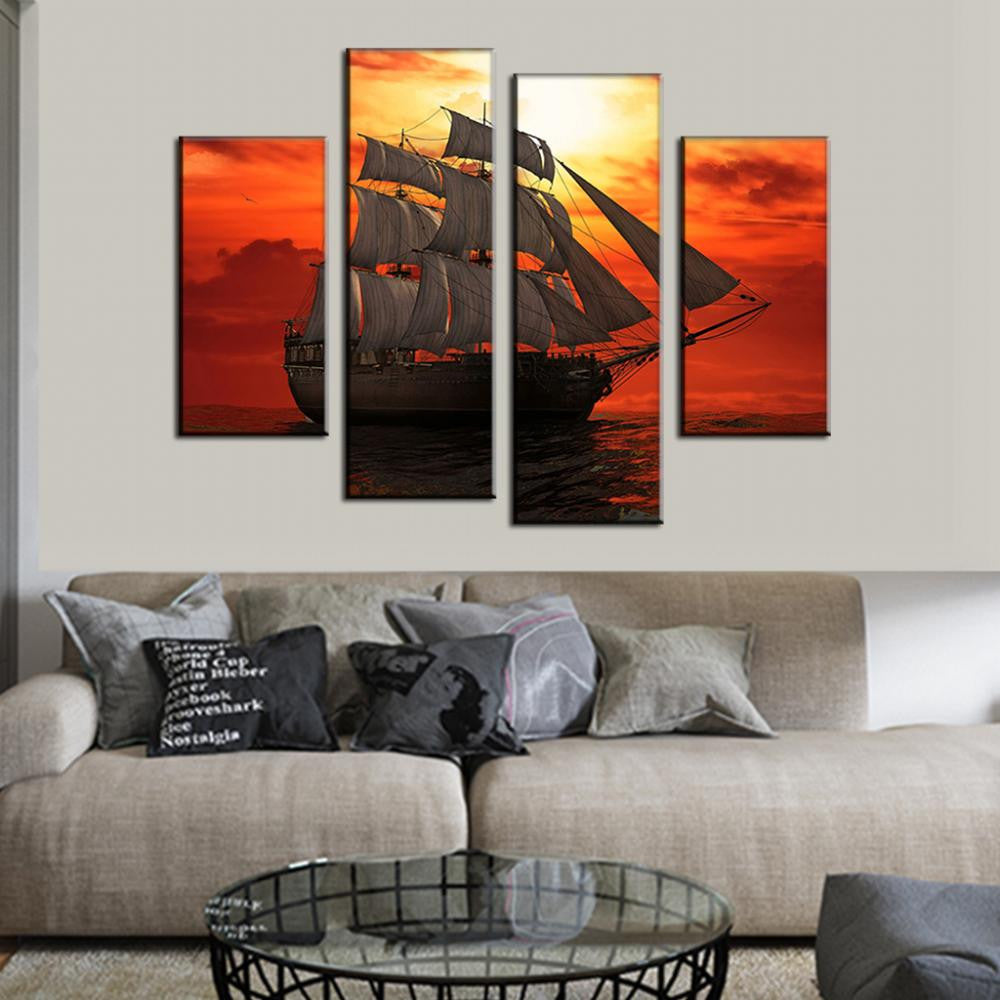 The Sunset Galleon - 4-panel canvas wall art depicting a majestic sailing ship silhouetted against a dramatic orange and red sunset sky, with billowing sails reflecting golden light on calm ocean waters