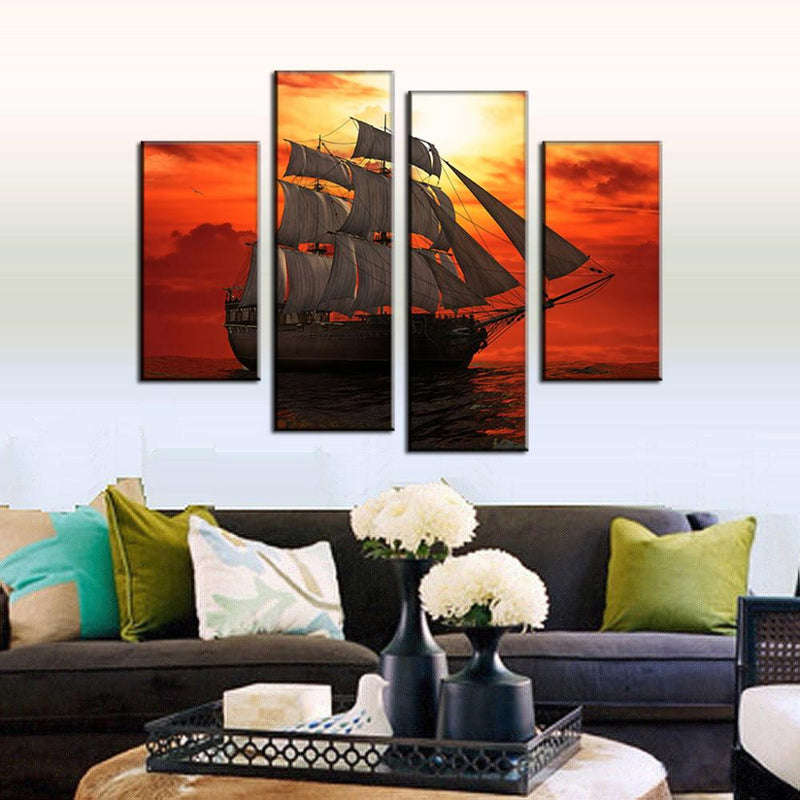 The Sunset Galleon - 4-panel canvas wall art featuring a majestic sailing ship silhouetted against a dramatic orange and red sunset sky, reflecting on tranquil ocean waters, creating a stunning maritime scene