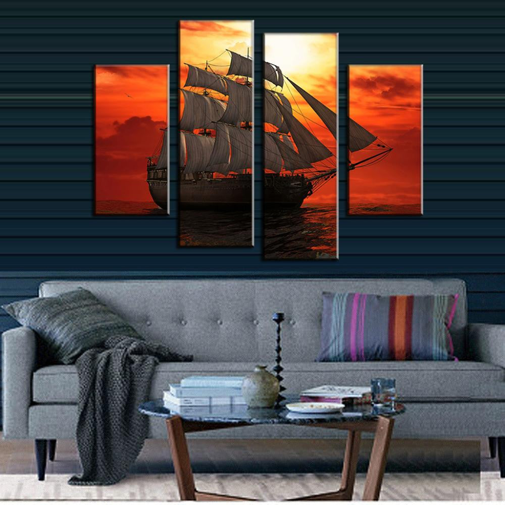 The Sunset Galleon - Large 4-panel canvas wall art featuring a majestic sailing ship silhouetted against a dramatic orange sunset sky, with billowing sails and reflective ocean waters underneath