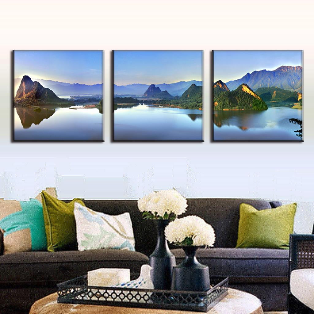 Lake and Mountain Landscape - Stunning 3-panel canvas wall art featuring serene mountain peaks reflecting in calm lake waters at sunrise, with misty mountains in background creating perfect symmetry