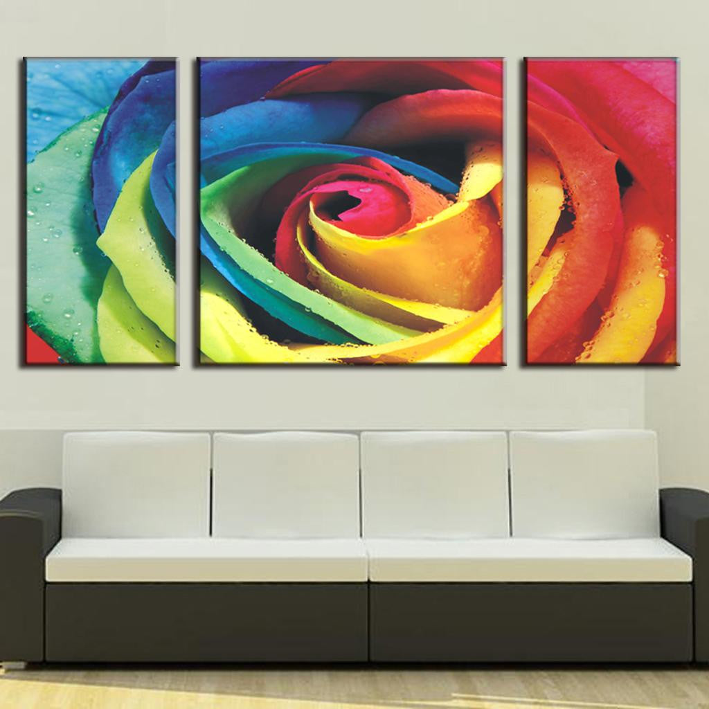 Abstract Rose with Colors - 3-piece canvas wall art featuring vibrant rainbow-colored rose petals in macro photography, displaying swirling patterns of blue, green, yellow, red and orange hues for modern home decor