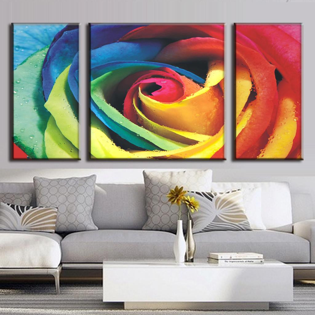 Abstract Rose with Colors - 3-panel canvas wall art featuring vibrant rainbow-colored rose petals in macro detail, displaying swirling patterns of blue, green, yellow, and red hues, perfect for modern home decor