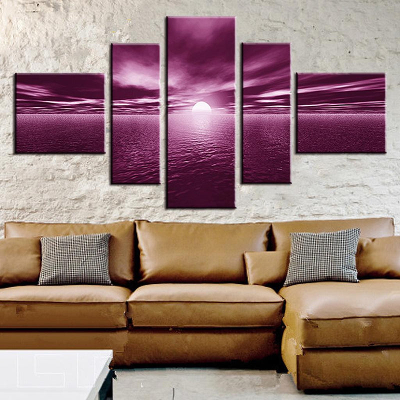 Plum Sunset over Water - 5-panel canvas wall art featuring a dramatic purple sunset over reflective water, with a bright white sun centered in a cloudy plum-colored sky, creating a mesmerizing seascape atmosphere