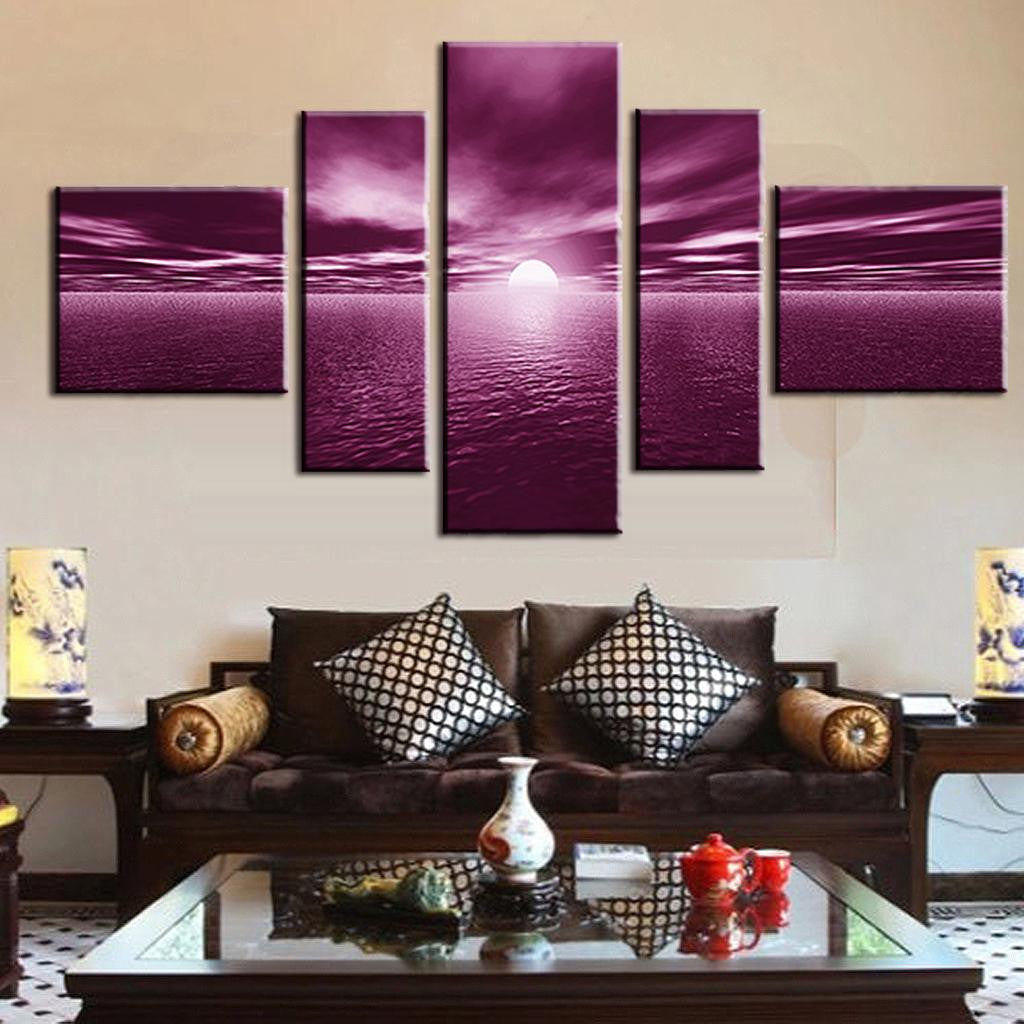 Plum Sunset over Water - 5-panel canvas wall art displaying a dramatic purple sunset with bright sun setting over rippling water beneath a cloudy sky, creating a stunning monochromatic seascape in rich plum tones