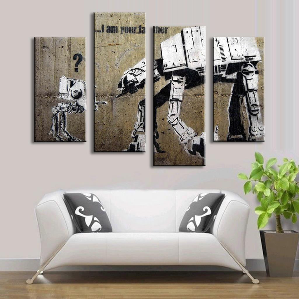 I Am Your Father Banksy 4 piece panel art depicting Star Wars inspired street art with AT-AT walkers in black and white graffiti style on weathered concrete wall, split across four canvas panels