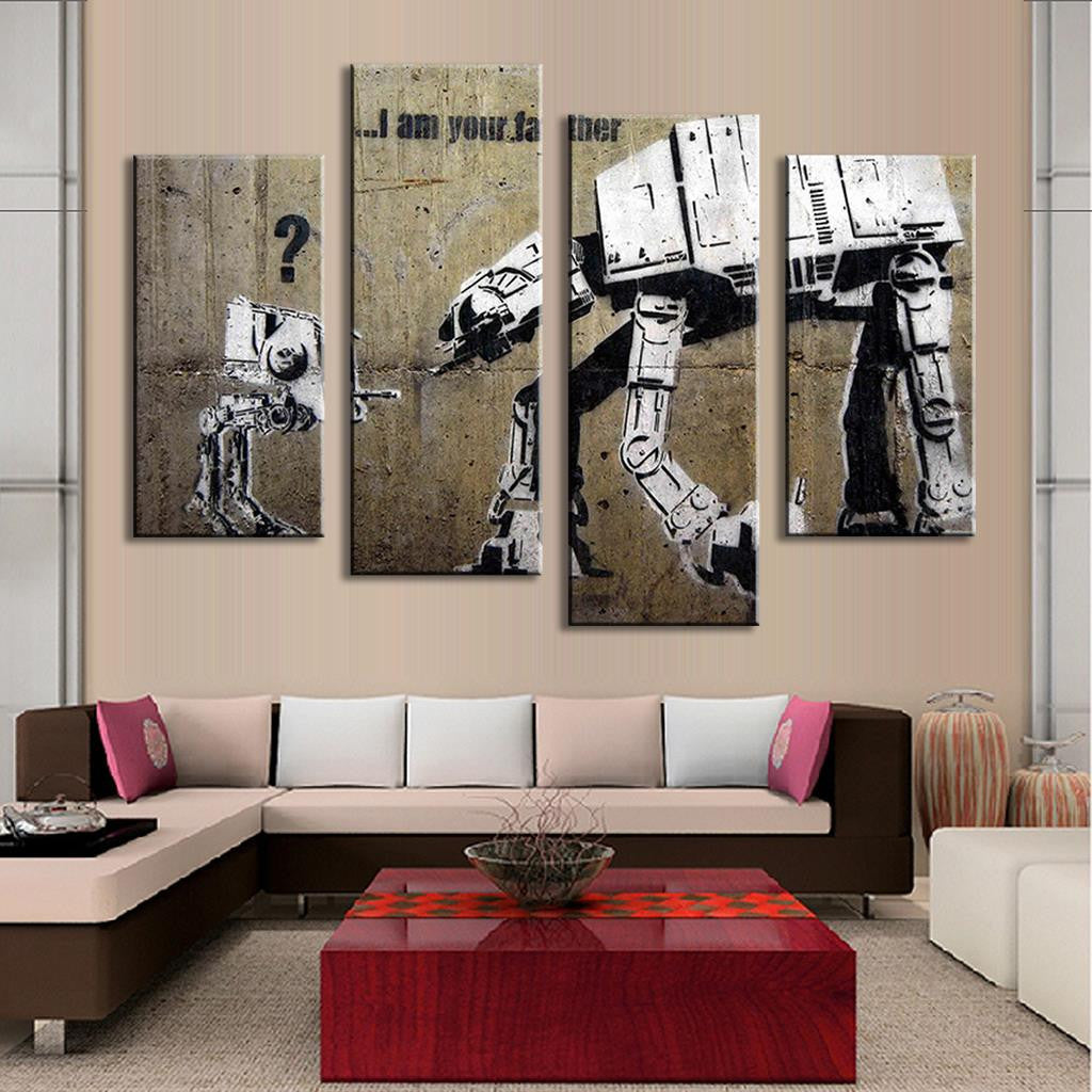 I Am Your Father Banksy 4 piece panel art showing graffiti-style Star Wars inspired artwork featuring AT-AT walkers on weathered concrete wall, displayed as split canvas panels in black and white urban street art style