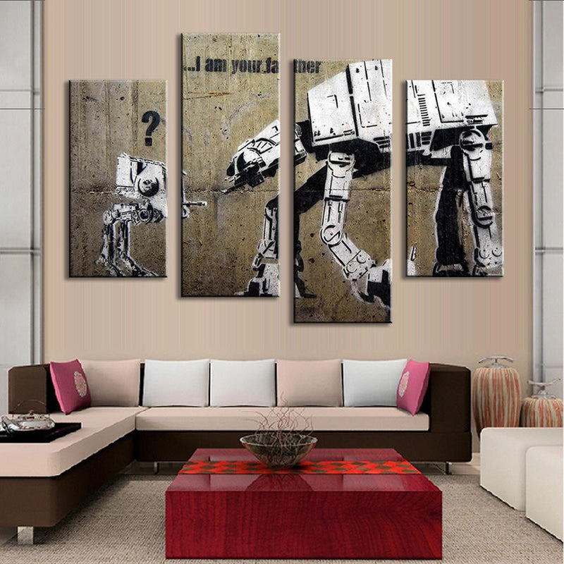 I Am Your Father Banksy 4 piece panel art showing graffiti-style Star Wars inspired artwork featuring AT-AT walkers on weathered concrete wall, displayed as split canvas panels in black and white urban street art style
