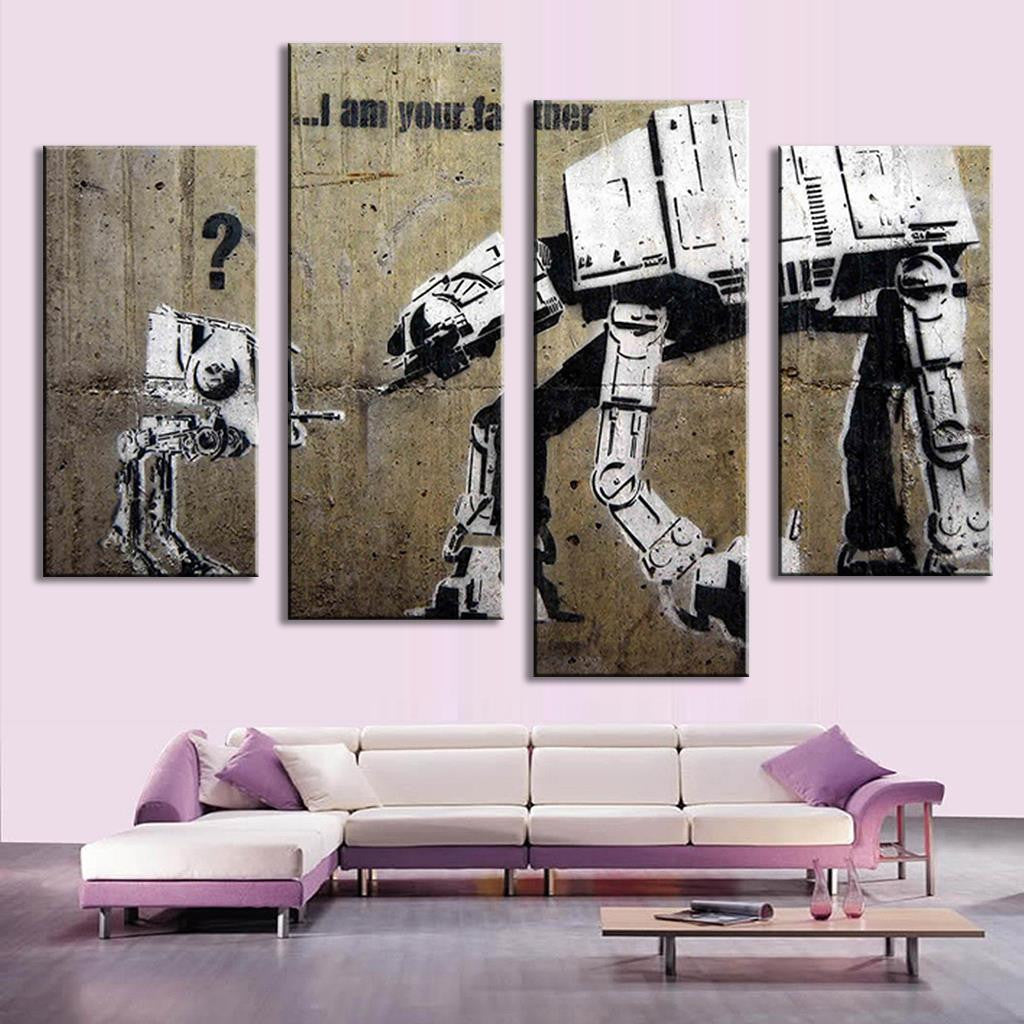 I Am Your Father Banksy 4 Piece Panel Art featuring Star Wars inspired graffiti artwork showing AT-AT walkers in black and white on concrete wall background, arranged in modern split canvas design
