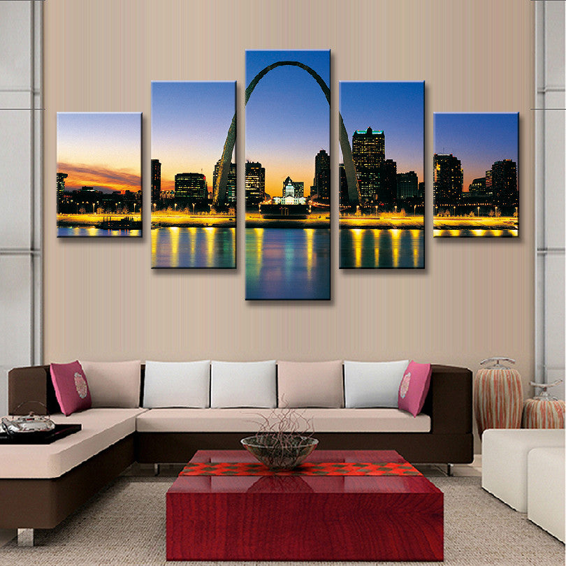 St. Louis Cityscape at Night - stunning 5-panel canvas wall art featuring Gateway Arch silhouette against illuminated downtown skyline with golden reflections on Mississippi River during sunset