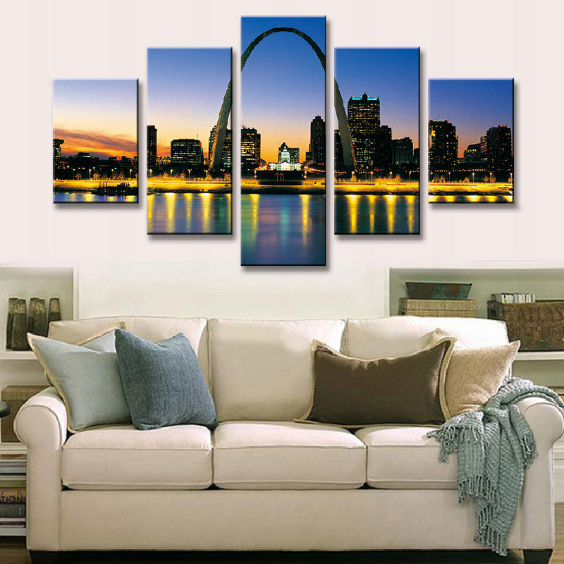 St. Louis Cityscape at Night - Stunning sunset view of Gateway Arch and downtown skyline reflecting on Mississippi River with glowing city lights and illuminated buildings in 5-panel canvas wall art
