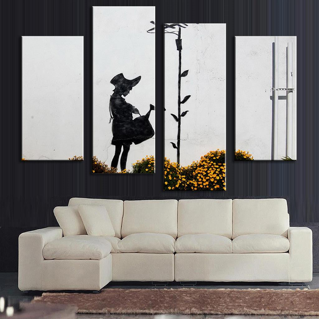 The Girl is Watering - Banksy wall art showing silhouette figure with watering can beside growing vine, 4-panel canvas print with yellow flowers, modern street art style against white background