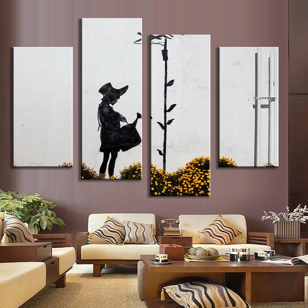 The Girl is Watering - Banksy artwork, black and white street art style 4-panel canvas print showing silhouette figure with watering can amid yellow flowers, modern urban wall decor against textured background