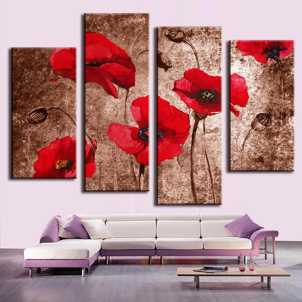 Poppies with Abstract Design: vibrant red poppy flowers on textured brown background, 4-panel canvas wall art set featuring delicate stems and petals in modern artistic style, perfect for home decor
