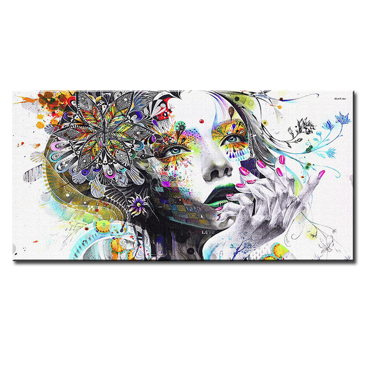 Abstract Girl - Panel Art features vibrant watercolor splashes and floral patterns surrounding a monochromatic artistic portrait, creating a stunning contemporary wall canvas with colorful geometric designs and intricate detailed elements
