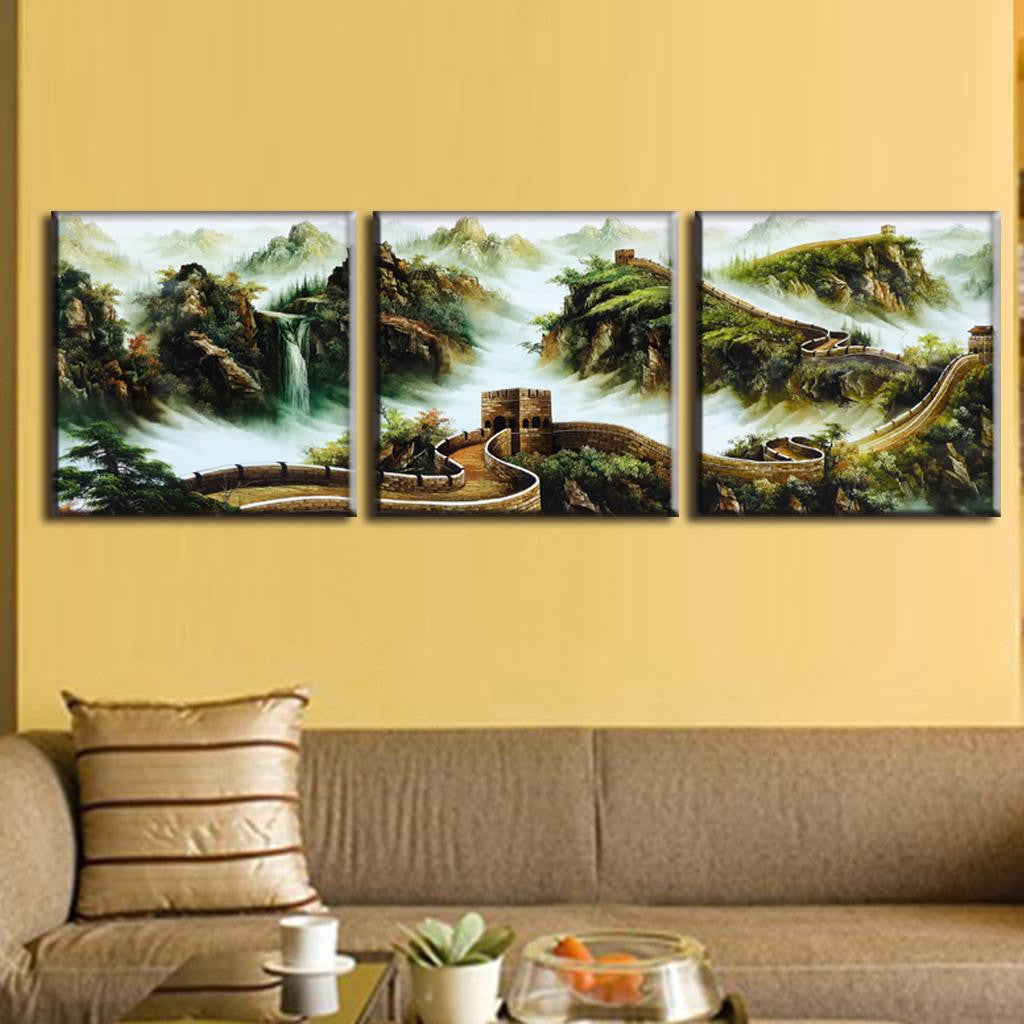 The Great Wall in Fog: 3-panel canvas wall art depicting majestic Chinese mountains with cascading waterfall, ancient stone wall winding through misty green landscapes, perfect for modern home decor