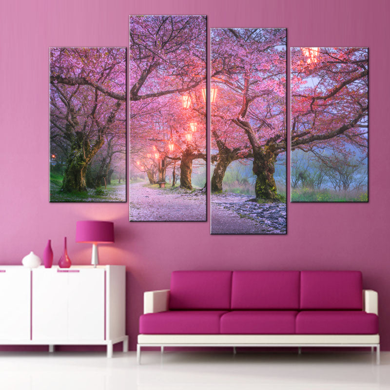 Cherry Blossom Path wall art featuring vibrant pink cherry trees in full bloom during sunset, creating a magical pathway with falling petals. Multi-panel canvas print perfect for home decor