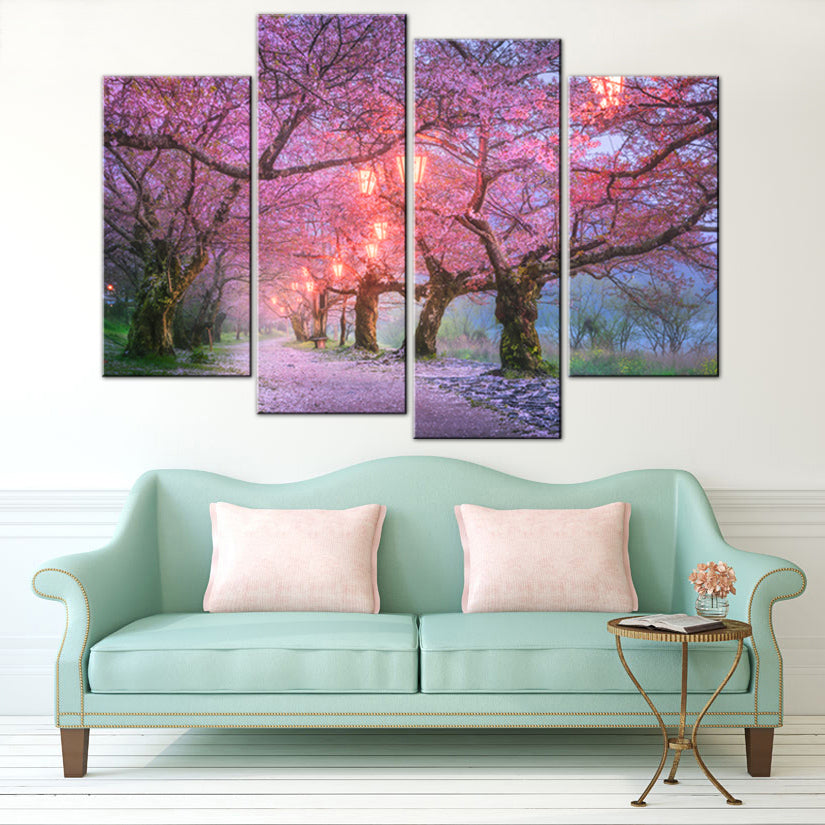 Cherry Blossom Path - 4-panel canvas wall art featuring enchanting pink cherry blossoms in bloom, illuminated by warm sunlight through branches, creating a magical pathway scene perfect for home decor, printed on high-quality canvas in multiple size options