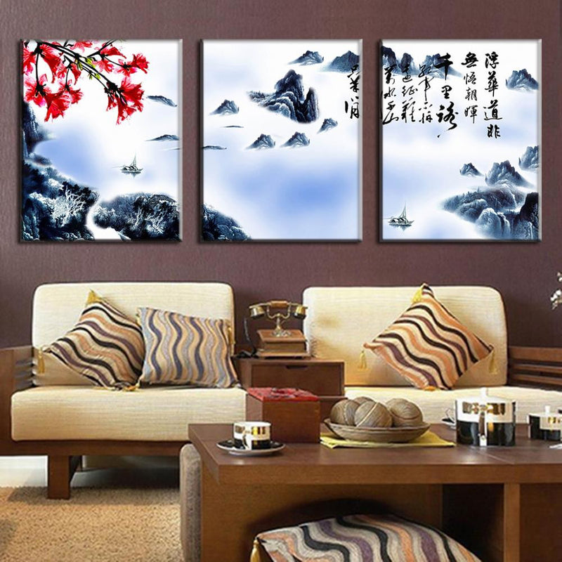 Chinese Calligraphy, Mountains, and Clouds - Traditional Asian 3-panel wall art featuring misty mountains, red cherry blossoms, calligraphy characters, and small boats on water in watercolor style against white background