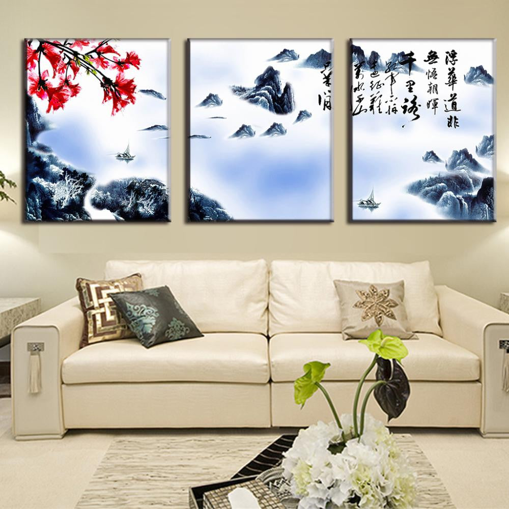 Chinese Calligraphy, Mountains, and Clouds - 3-panel wall art featuring traditional Asian landscape with misty mountains, red cherry blossoms, calligraphy characters, and small boats on tranquil waters in watercolor style