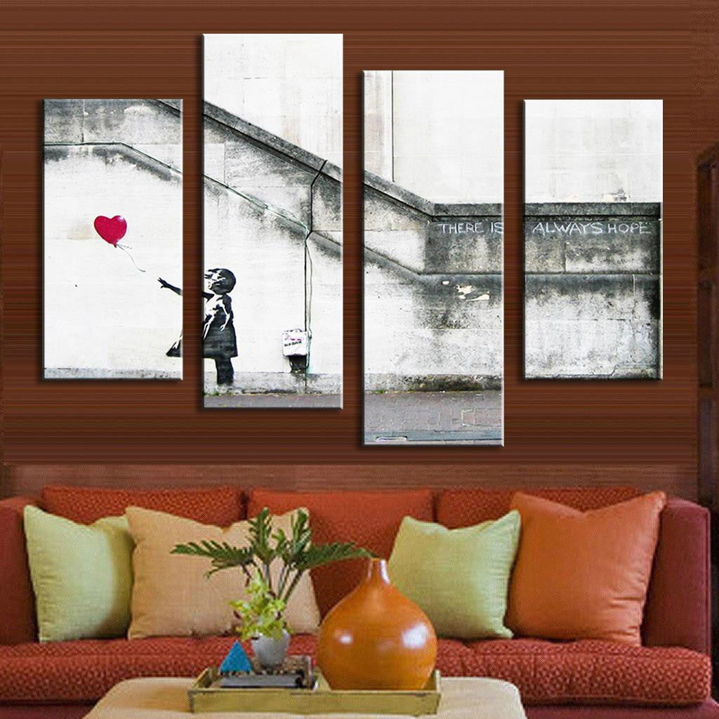 There is Always Hope - Banksy" 4-panel canvas wall art featuring iconic black and white street art with a bright red balloon against a concrete wall backdrop, split into multi-sized panels for dramatic home decor display