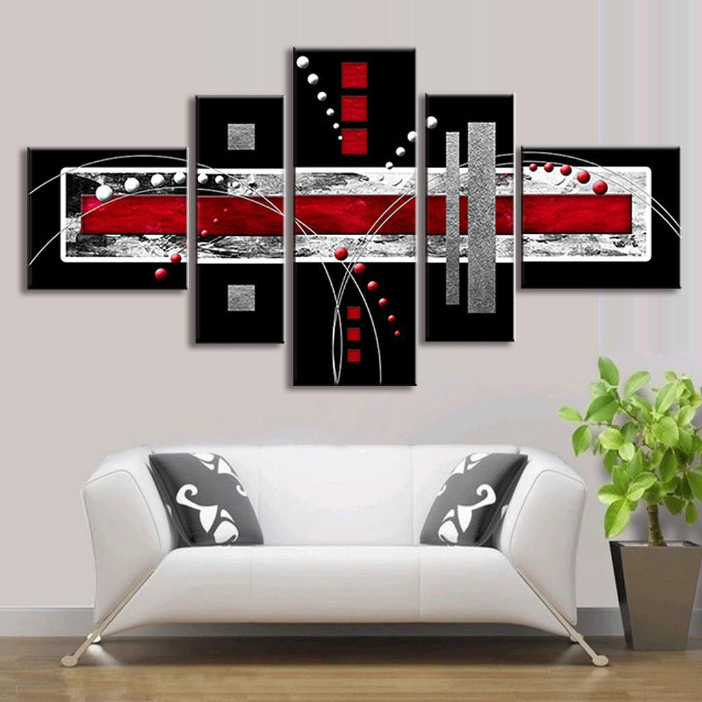 Red and Gray Abstract Rectangles - Modern 5-panel canvas wall art featuring bold geometric shapes in black, red, and gray with dynamic curved lines and dots creating a contemporary abstract design pattern, perfect for modern home decor