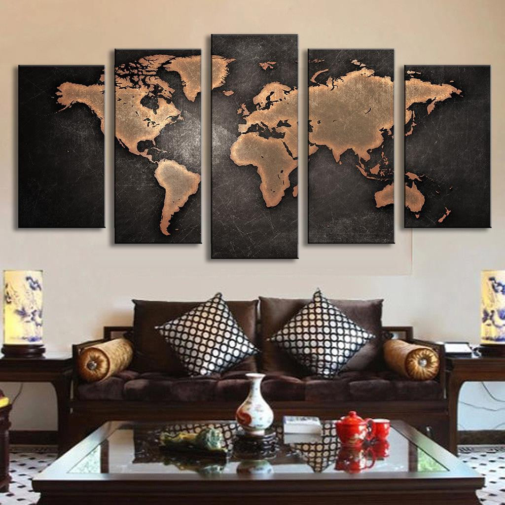 World Map in Black and Brown - Vintage style 5-piece canvas wall art featuring a world map design with copper-brown continents against a dark textured background, perfect for modern home decor and office spaces.