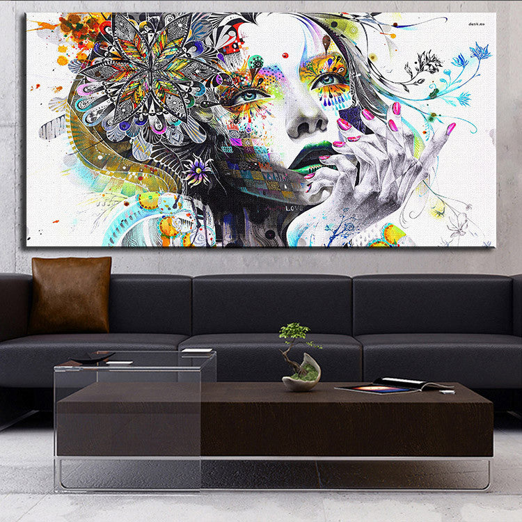 Abstract Girl - Panel Art: Vibrant modern art featuring bright splashes of color, floral patterns, and intricate designs in a contemporary style, showcasing creative expression through abstract elements and watercolor effects