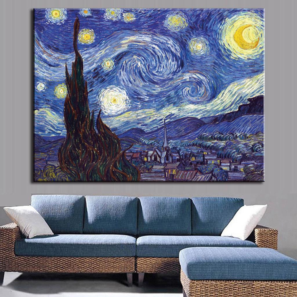 The Starry Night - Famous Van Gogh masterpiece canvas print featuring swirling night sky with bright stars and crescent moon over village landscape with tall cypress tree in deep blues and yellows