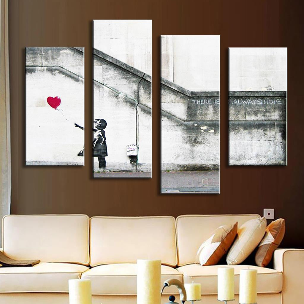 There is Always Hope - Banksy wall art featuring iconic black and white street art split across 4 panels, showing a silhouette reaching for a red heart-shaped balloon against a textured concrete wall