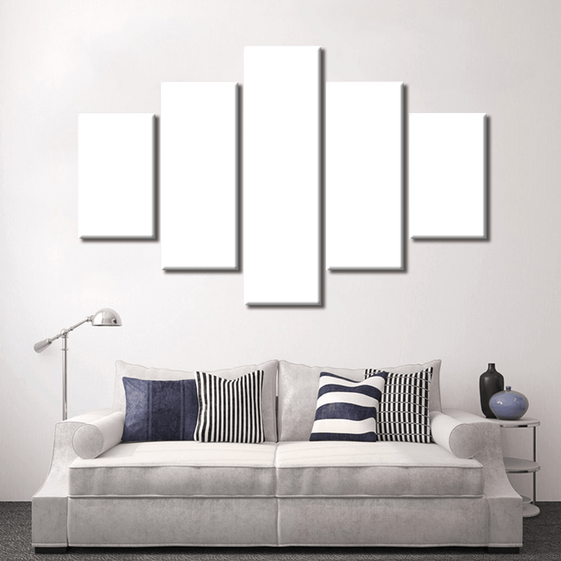 Five-panel white canvas wall art arrangement above modern white sofa with navy and striped throw pillows - Live Product Options Canvas Room Parts for contemporary living room decor