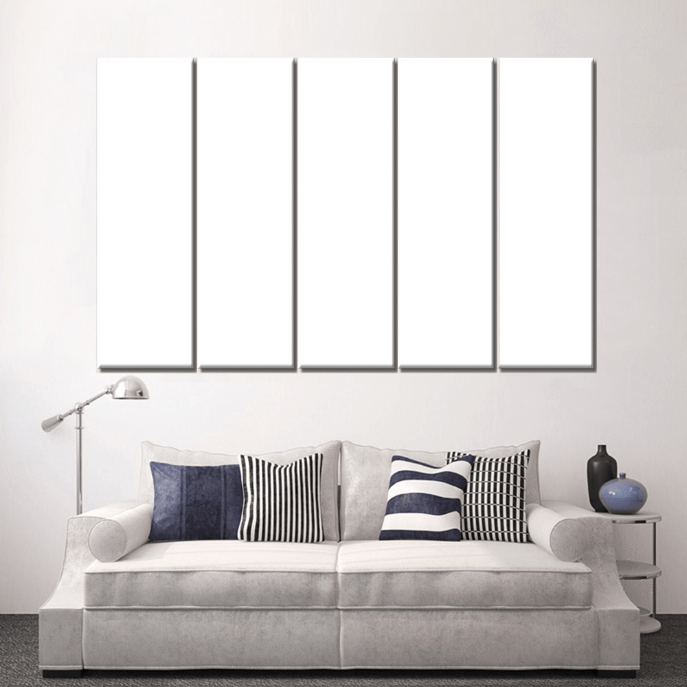 Live Product Options Canvas Room Parts: Modern 5-panel white canvas wall art displayed above grey sofa with navy and striped throw pillows, floor lamp and side table in contemporary living room setting