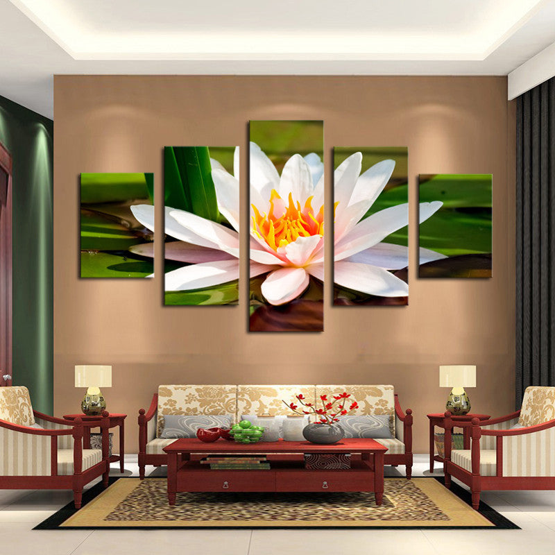 White Flower 5-panel canvas wall art featuring a serene water lily with pristine white petals and golden center, displayed on green lily pads in 60x32 inches total size, perfect for modern home decor and living spaces.